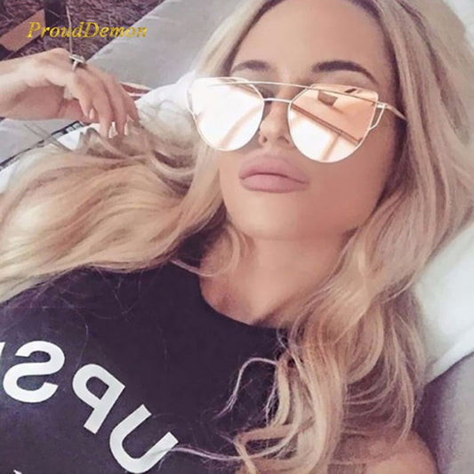Cat Eye Vintage Brand Designer Rose Gold Mirror Sunglasses For Women Metal Reflective flat lens Sun Glasses Female oculos--s1